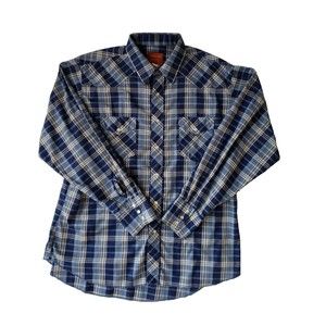 Rustler Shirt Mens X- Long Tails XL Pearl Snap Plaid Blue Long Sleeve Western